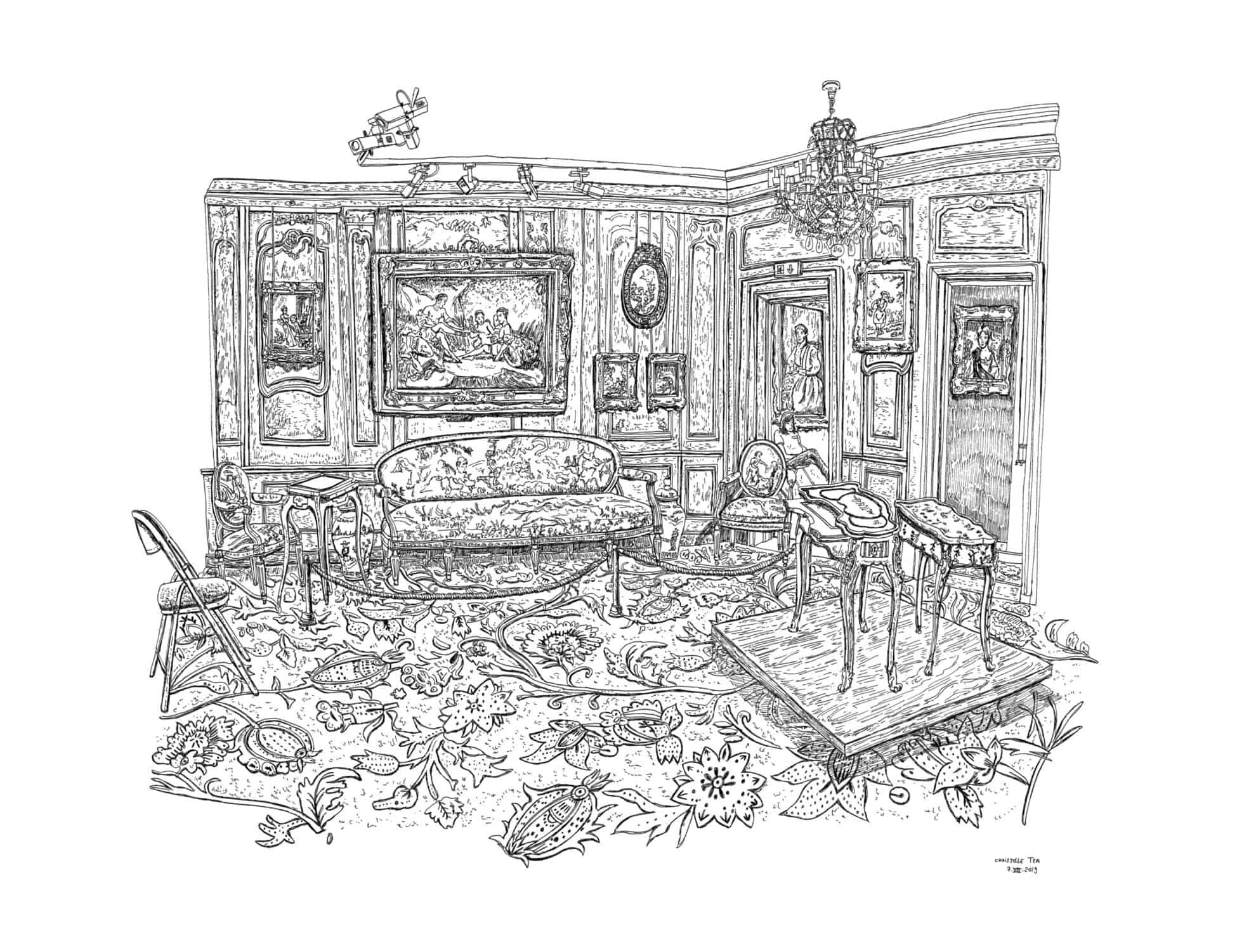 Le Salon de Boucher, Musée Cognacq-Jay, Paris, 7.VIII.2019. Encre de Chine sur papier, 50 x 65 cm.
© Christelle Téa
