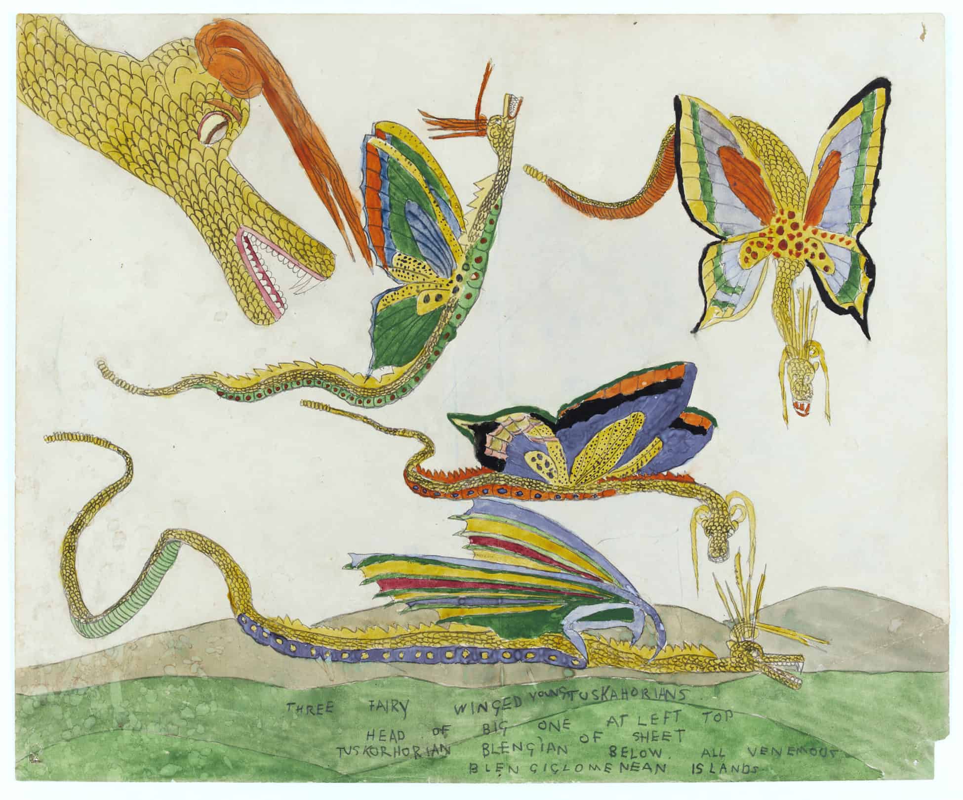 Henry DARGER, Three Fairy Winged Young Tuskohorians 1920 - 1930 © Kiyoko Lerner /Adagp, Paris Crédit photographique : Eric Emo/Parisienne de Photographie Don de la succession Henry Darger en 2013