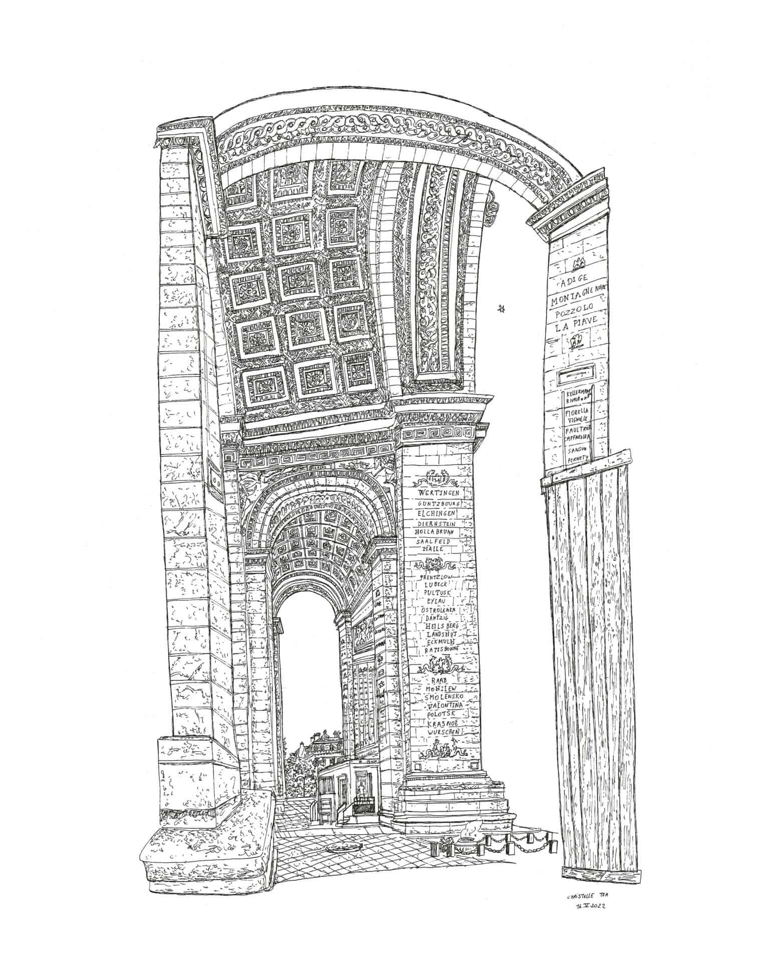 Sous l’Arc de Triomphe, Paris, 16.V.2022. Encre de Chine sur papier, 65 x 50 cm. © Christelle Téa