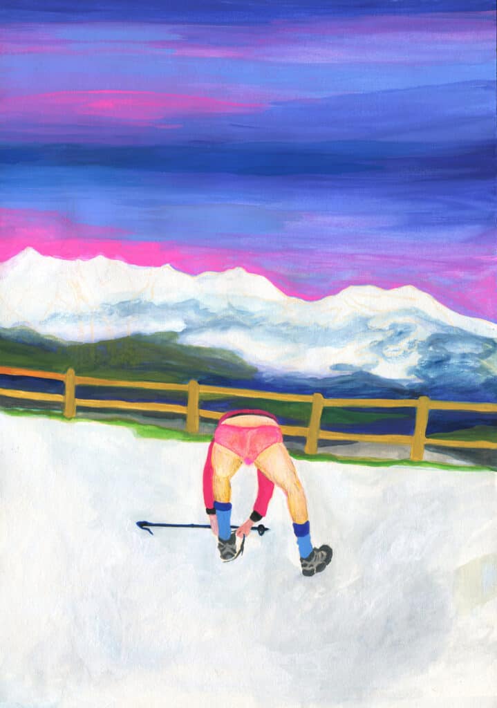 01 point de vue sur le Mont-Blanc du Tacul, gouache/crayon, 29,7 X 42 cm, janvier 2023. Courtoisie de l'artiste
