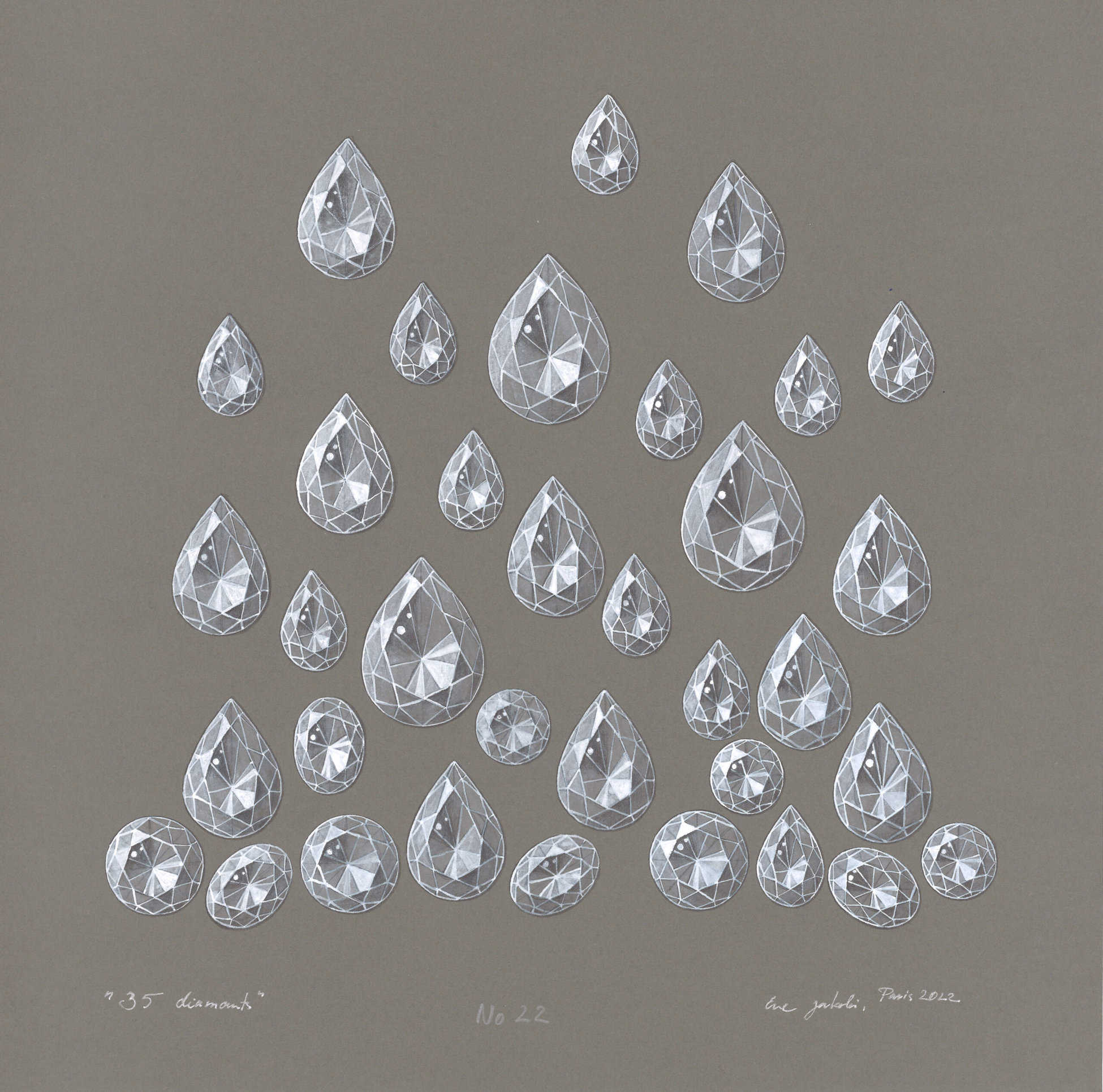 Ene Jakobi / Dessin no 22 de la série Le Prix et La Valeur, "35 diamants", Paris 2022, 30x30 cm, gouaché sur papier gris